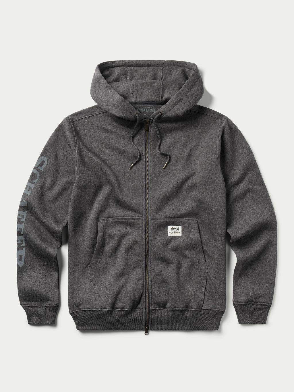 Heather charcoal full-zip hoodie with drawstring hood and small chest logo patch
