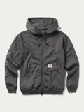 Heather charcoal full-zip hoodie with drawstring hood and small chest logo patch
