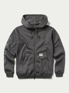 Heather charcoal full-zip hoodie with drawstring hood and small chest logo patch
