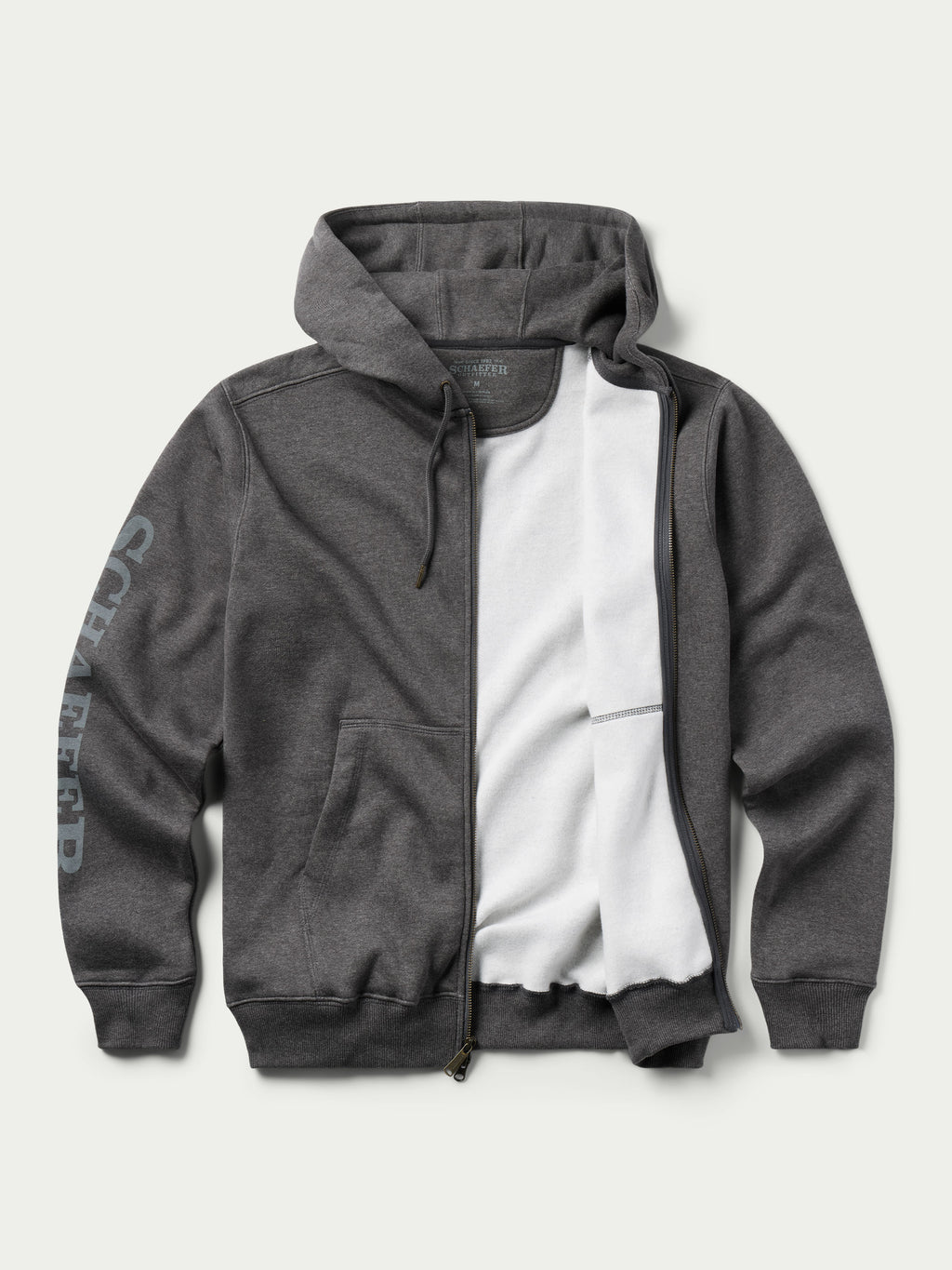 Heather charcoal full-zip hoodie open to show inner lining and drawstring hood