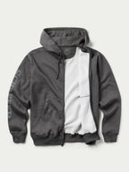 Heather charcoal full-zip hoodie open to show inner lining and drawstring hood