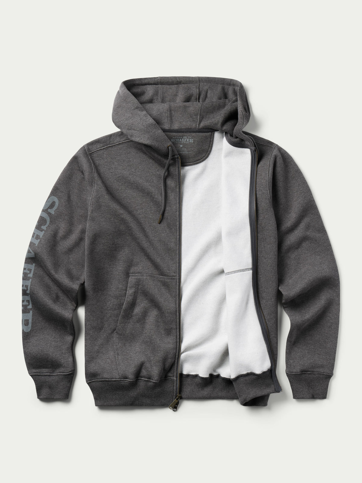 Heather charcoal full-zip hoodie open to show inner lining and drawstring hood