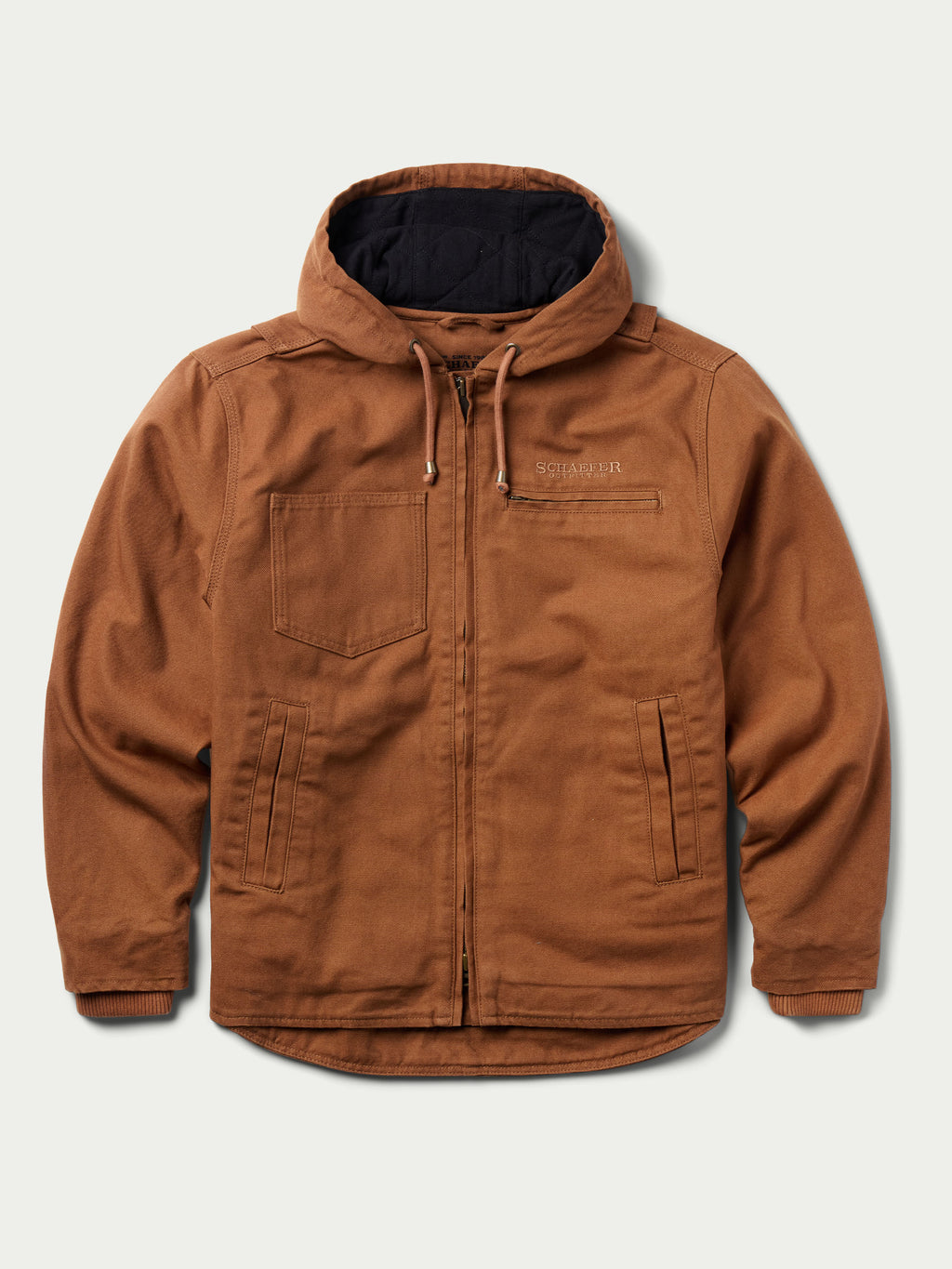 Russet canvas zip jacket back view with drawstring hood and chest pockets