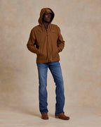 Men's russet hooded zip canvas jacket with drawstring hood and full zipper