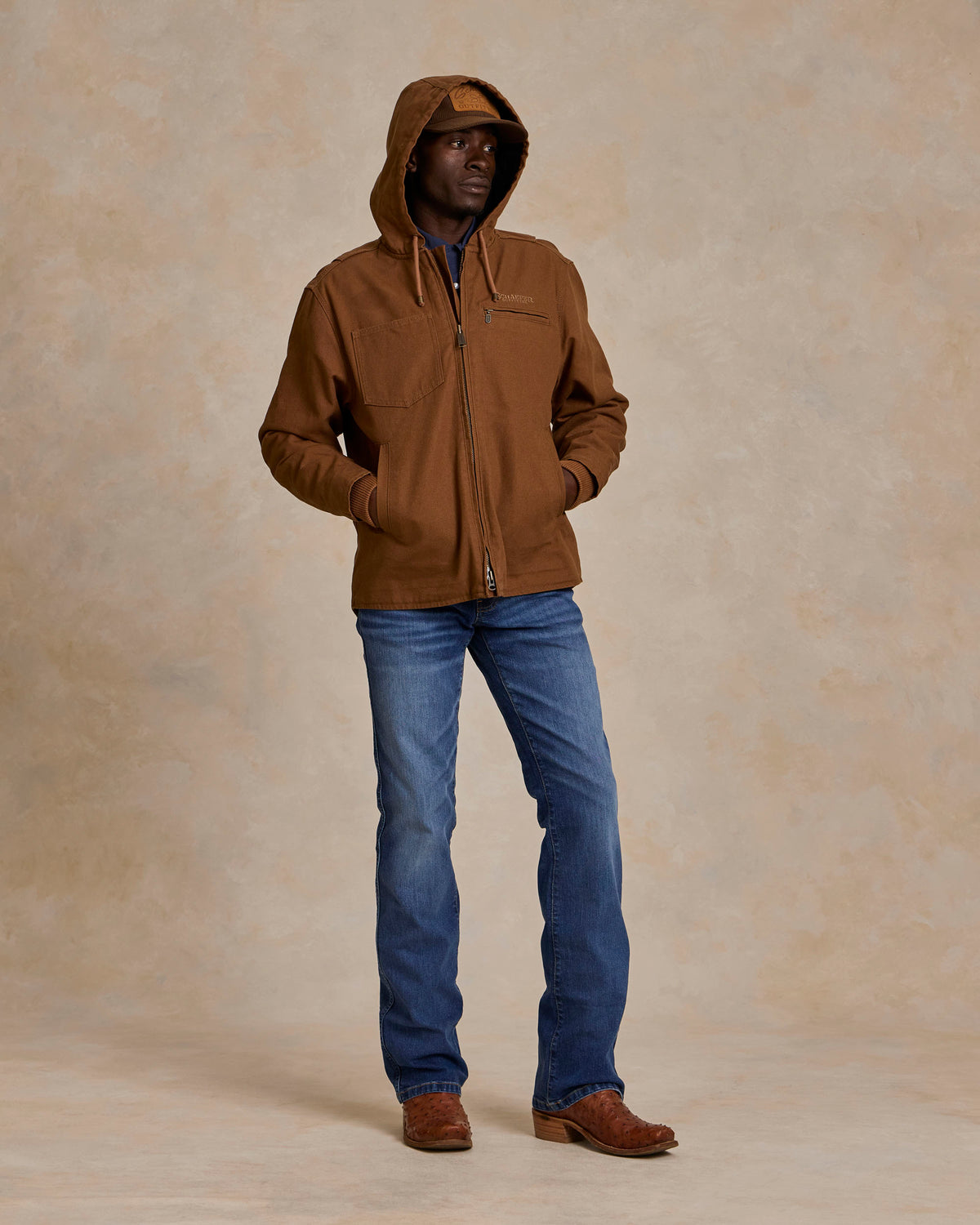 Men's russet hooded zip canvas jacket with drawstring hood and full zipper