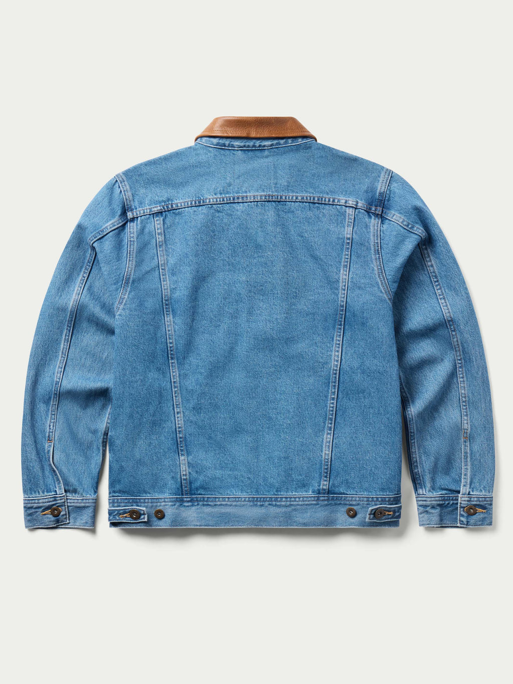 Medium indigo denim jacket with brown corduroy-style collar, back view