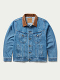 Medium indigo denim jacket with brown collar and chest flap pockets