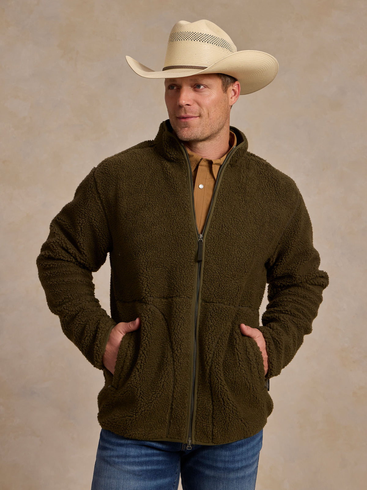 Olive full-zip fleece jacket with stand collar and zip pockets