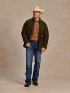Olive full-zip fleece jacket with front zipper and hand pockets
