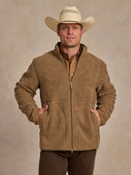 Taupe full-zip fleece jacket with two front pockets on model
