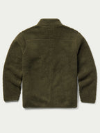 Olive full-zip fleece jacket with stand collar and plush textured fabric, long sleeves.