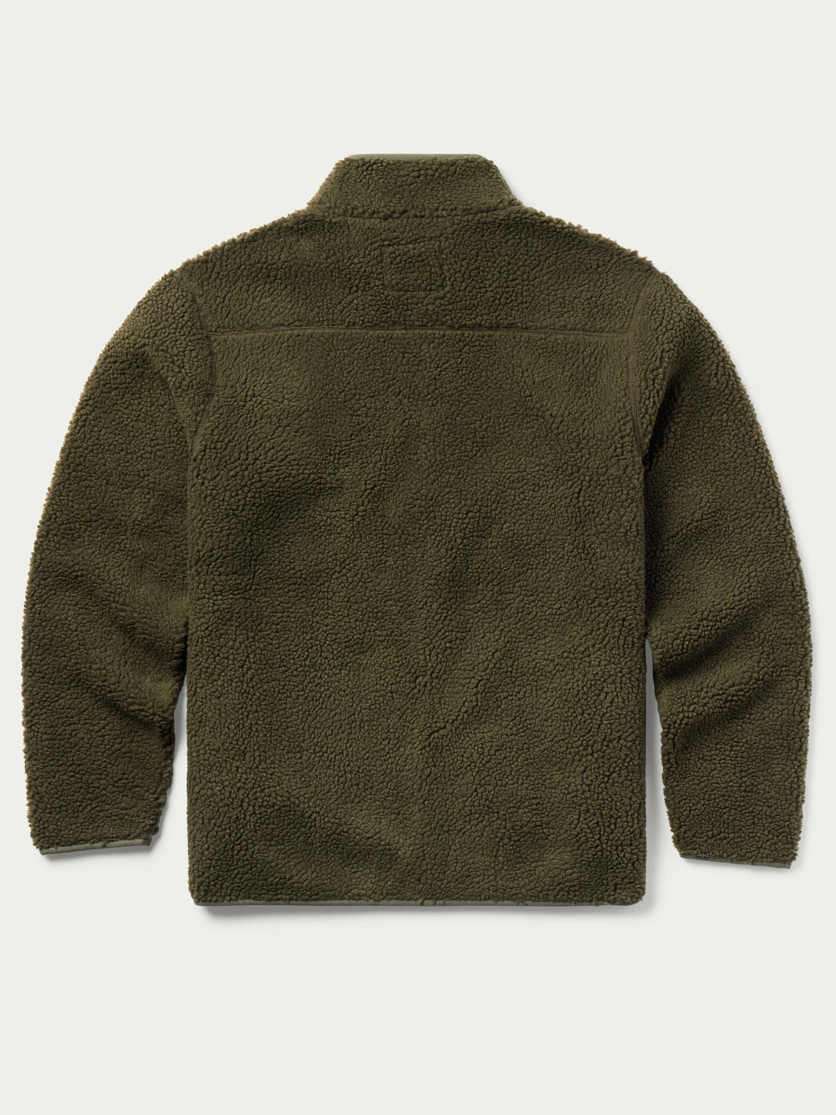 Olive full-zip fleece jacket with stand collar and plush textured fabric, long sleeves.