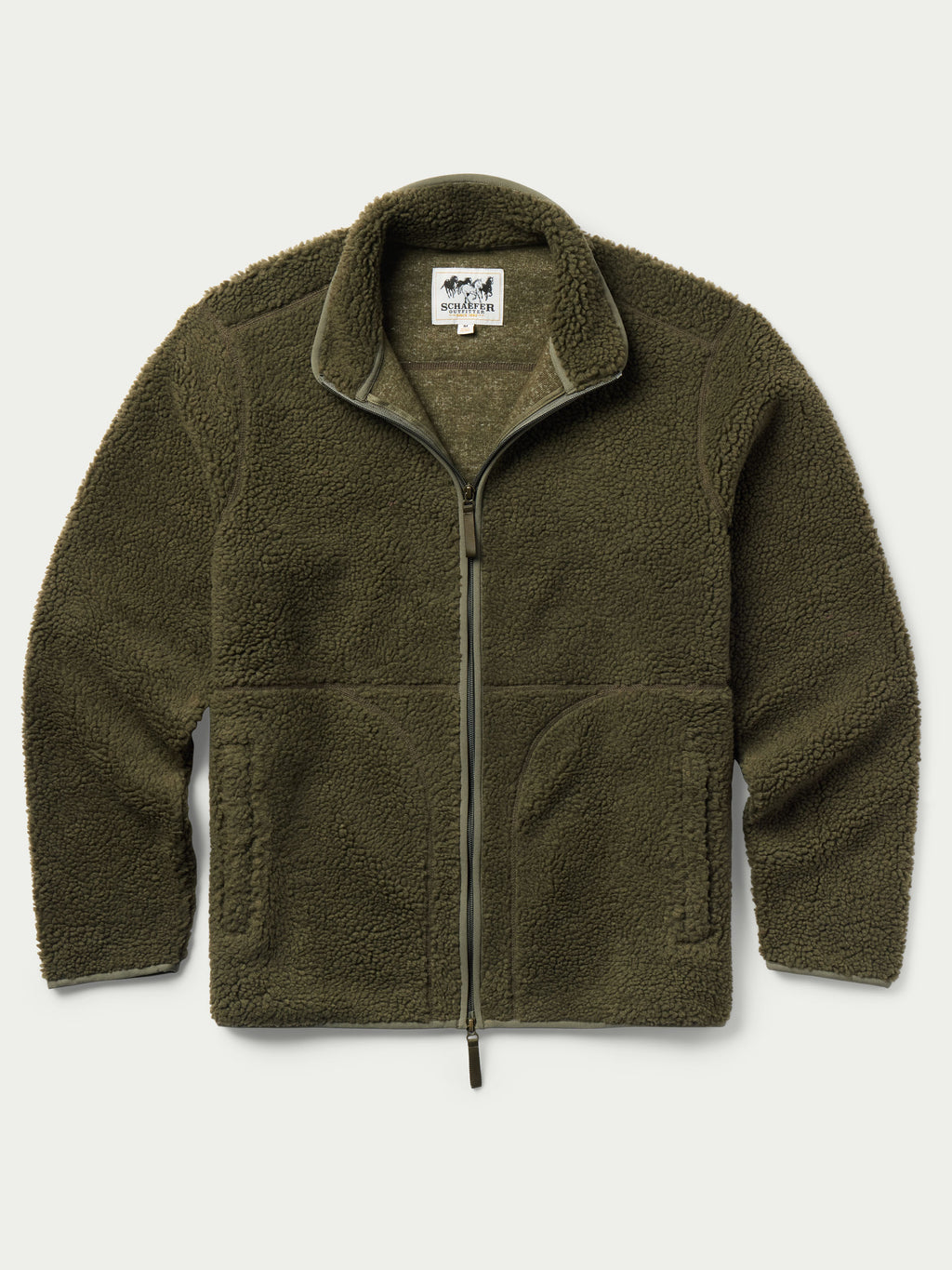 Olive full-zip fleece jacket with high collar, front pockets, and zip-up front.