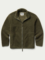Olive full-zip fleece jacket with high collar, front pockets, and zip-up front.