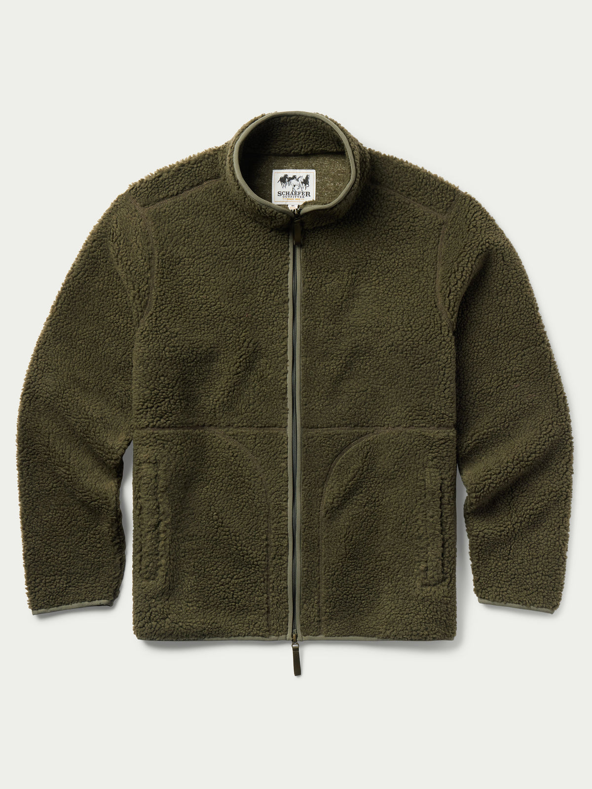 Olive full-zip fleece jacket with high collar, front zip, and plush fleece texture.