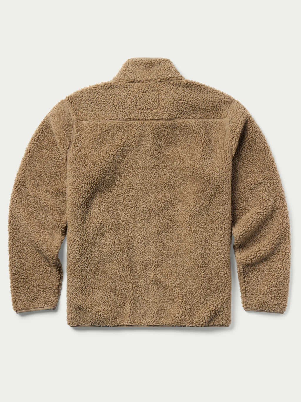 Taupe full-zip fleece jacket, stand collar, long sleeves