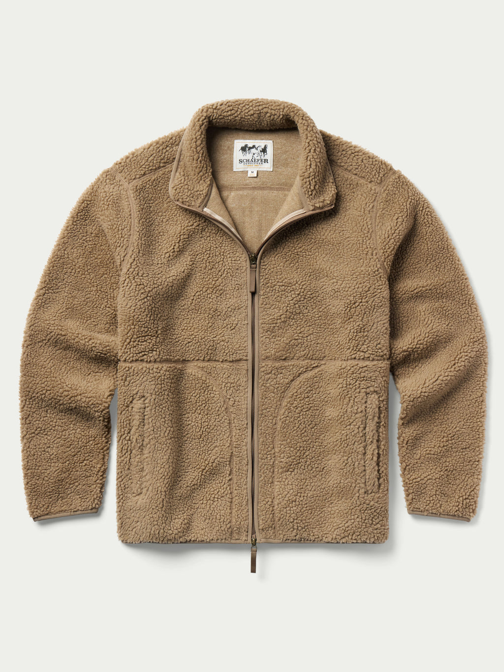 Taupe full-zip sherpa fleece jacket with stand collar and zip front