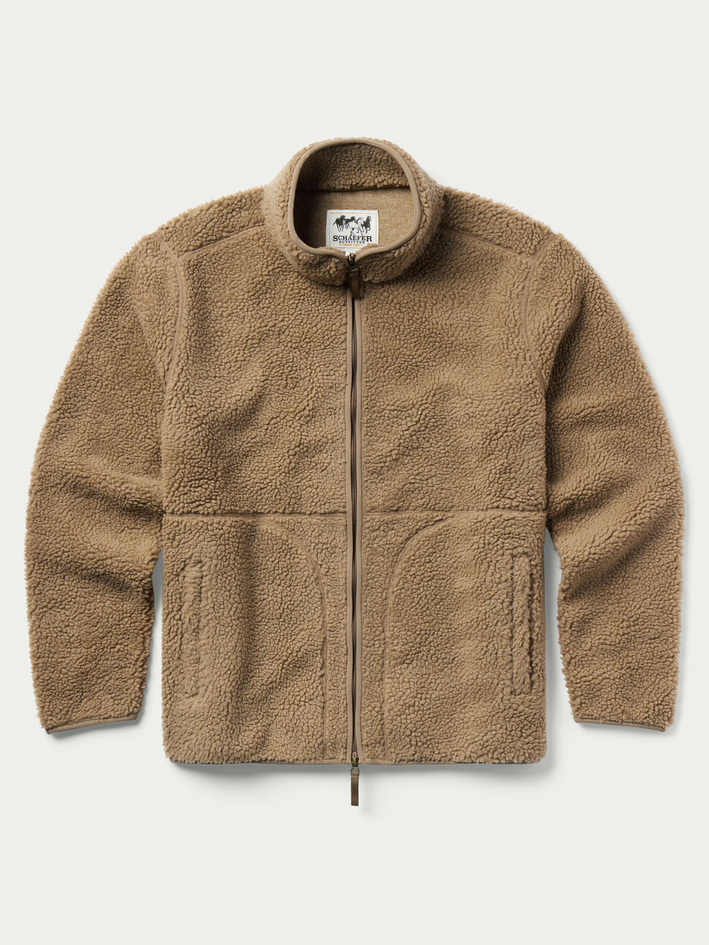 Taupe full-zip fleece jacket with stand collar and centered zipper