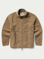 Taupe full-zip fleece jacket with stand collar and centered zipper