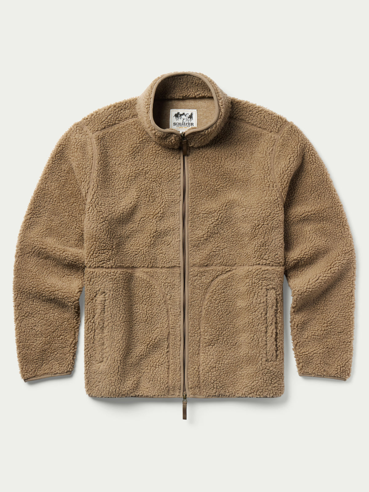 Taupe full-zip fleece jacket with stand collar and centered zipper