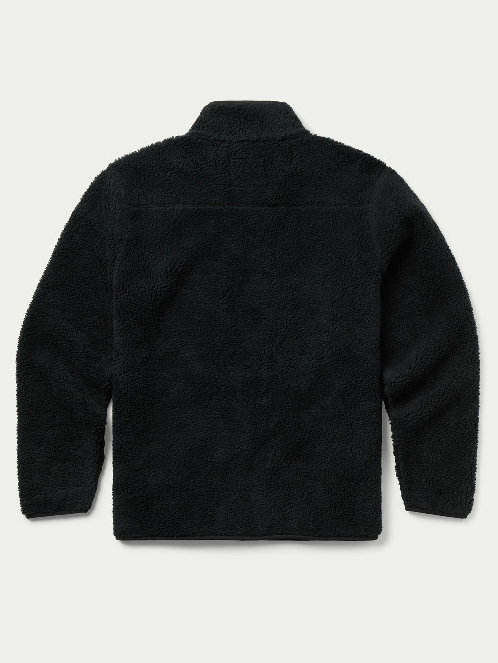 Washed black full-zip fleece jacket, stand collar, long sleeves (back view).