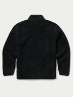 Washed black full-zip fleece jacket, stand collar, long sleeves (back view).