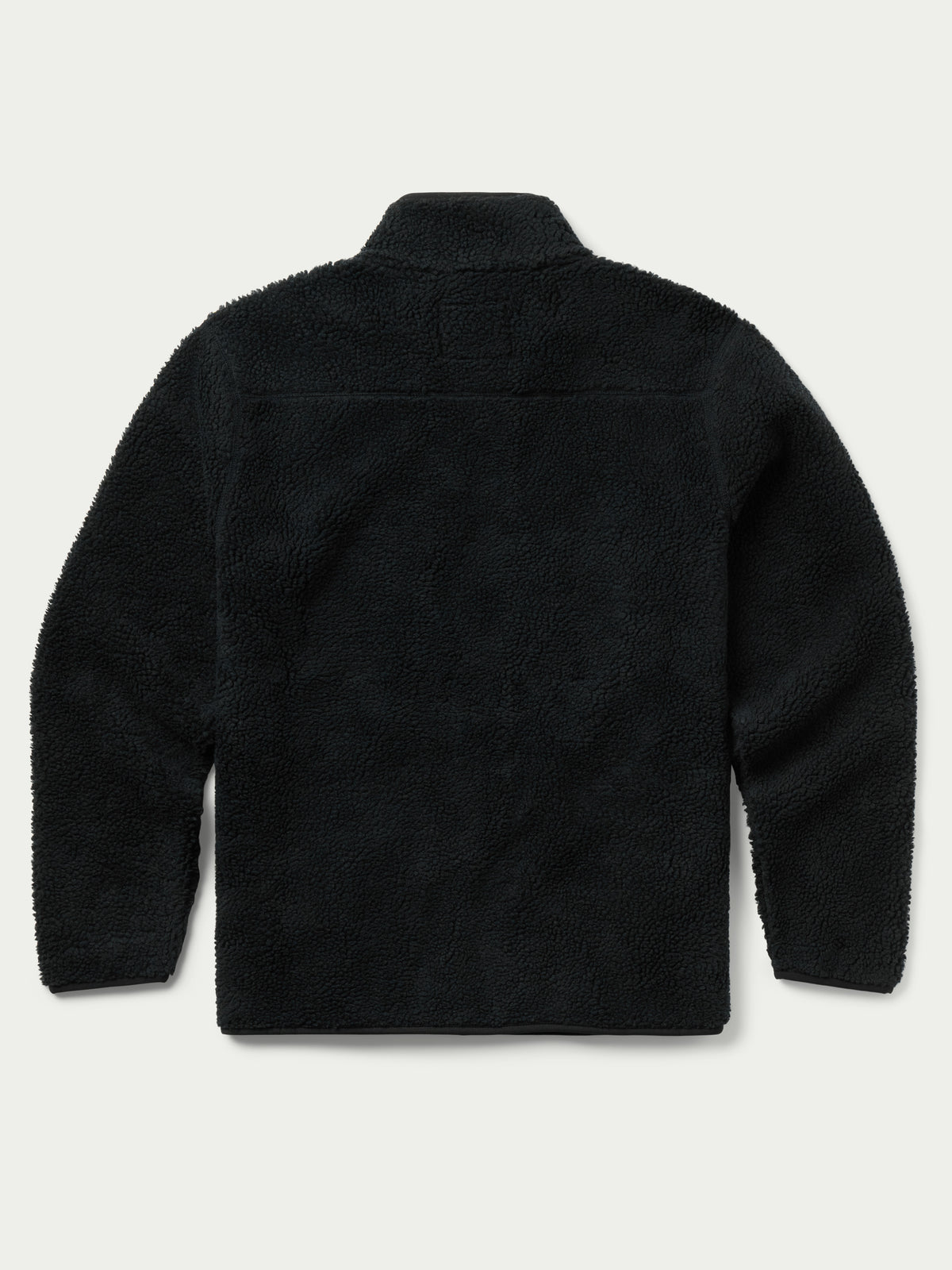 Washed black full-zip fleece jacket, stand collar, long sleeves (back view).
