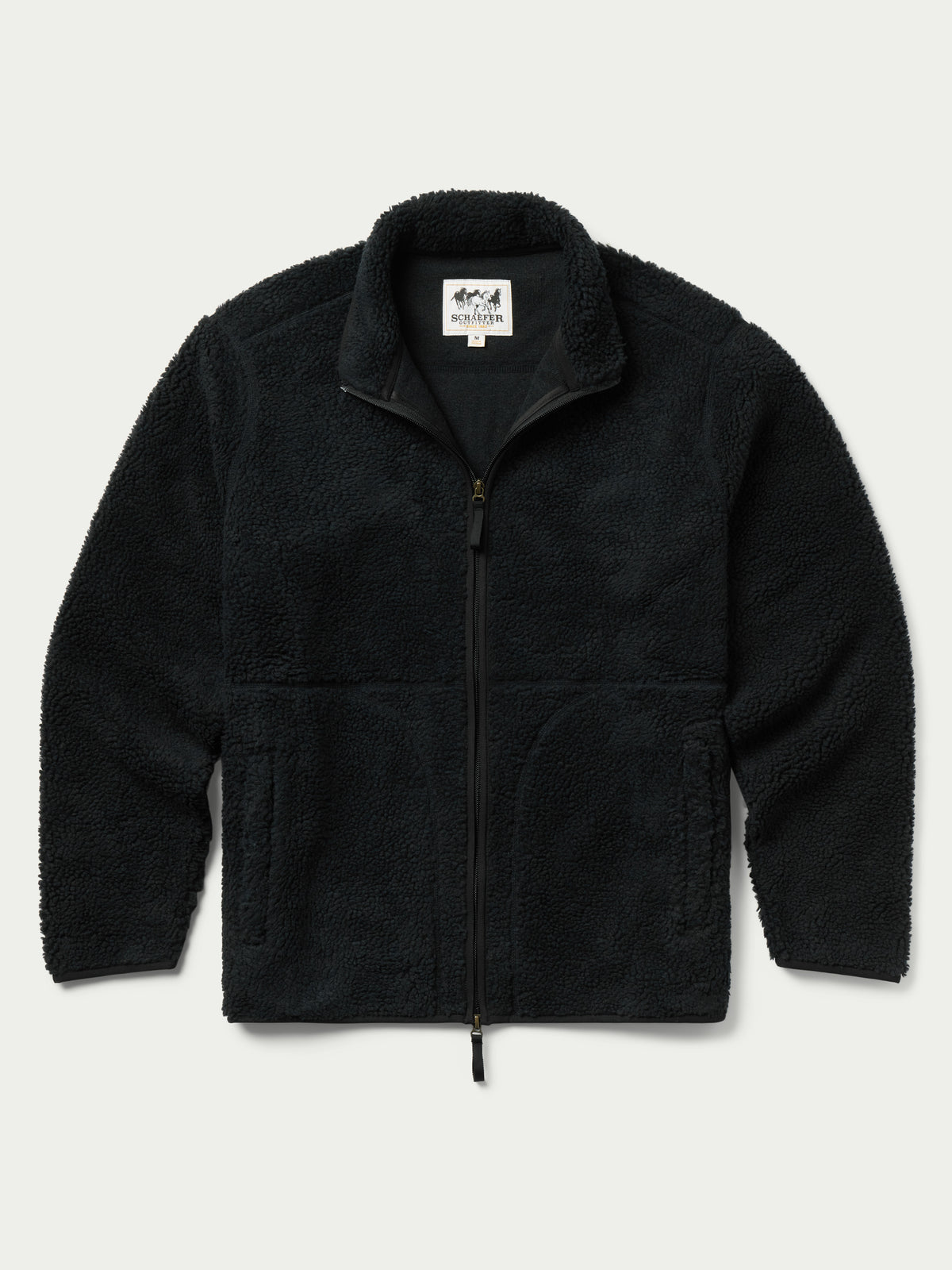 Washed black full-zip fleece jacket with stand collar, zip front, front pockets.