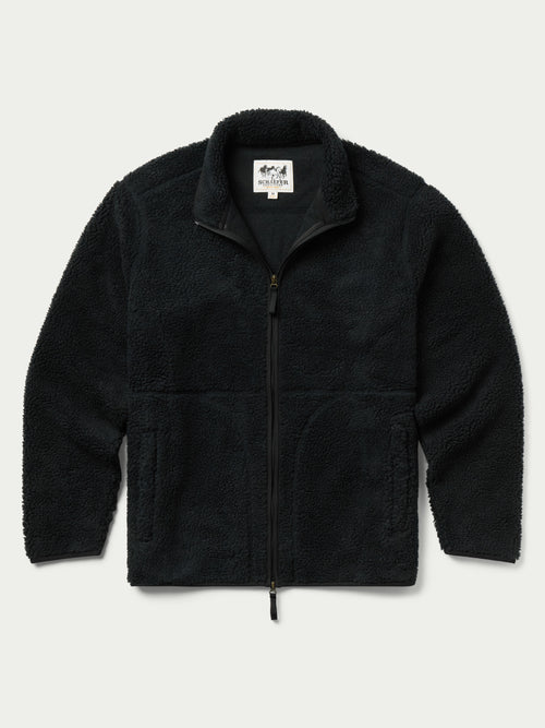 Washed black full-zip fleece jacket with stand collar, zip front, front pockets.
