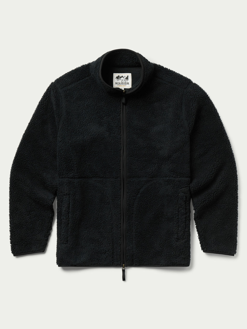 Washed black full-zip fleece jacket with stand collar and zip front, patch pockets.