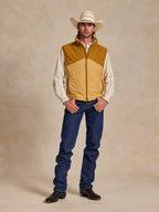 Tan sleeveless nylon vest with full-length zipper and stand collar