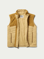 Tan sleeveless puffer vest with two zip chest pockets and detachable-looking hood