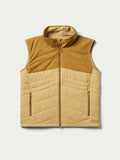 Tan quilted zip-front vest with two side zip pockets and raised hood