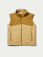Tan quilted zip-front vest with two side zip pockets and raised hood