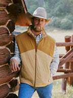 Tan ultralight nylon vest with full front zipper and stand collar