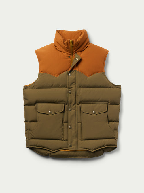 Cedar and dark olive down vest with stand collar and two chest pockets
