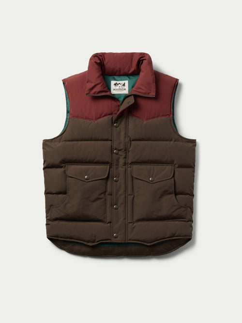Bozeman down vest front view with maroon hooded collar and brown padded pockets