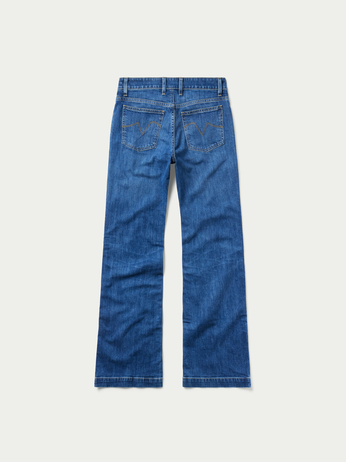 Medium-wash straight-leg jeans, back view with two back pockets and belt loops.