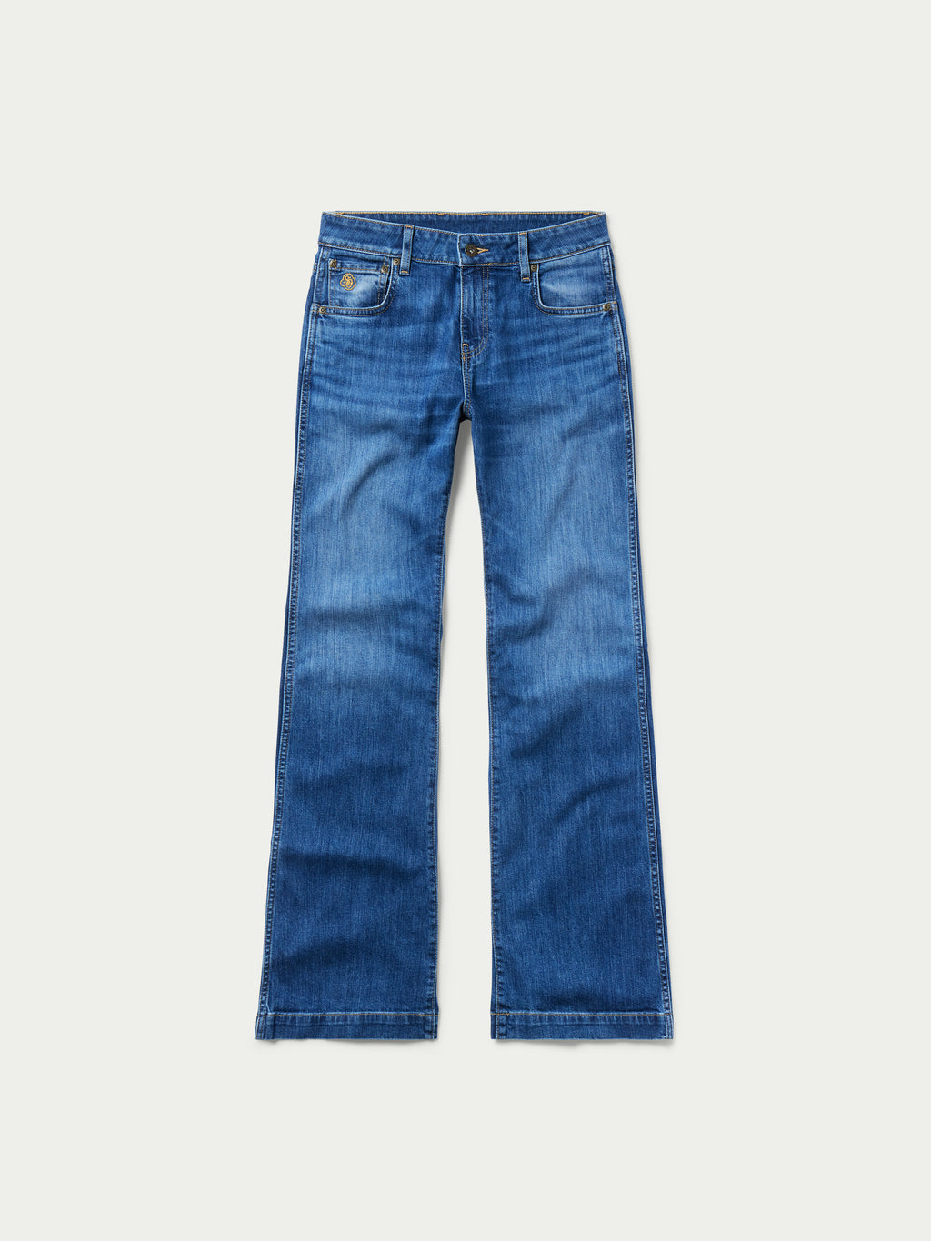 Medium-wash straight-leg jeans, flat front view with five pockets and belt loops.