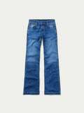 Medium-wash straight-leg jeans, flat front view with five pockets and belt loops.