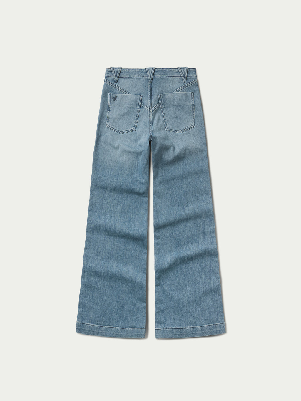 Medium wash denim jeans, straight wide-leg silhouette, back view with pockets