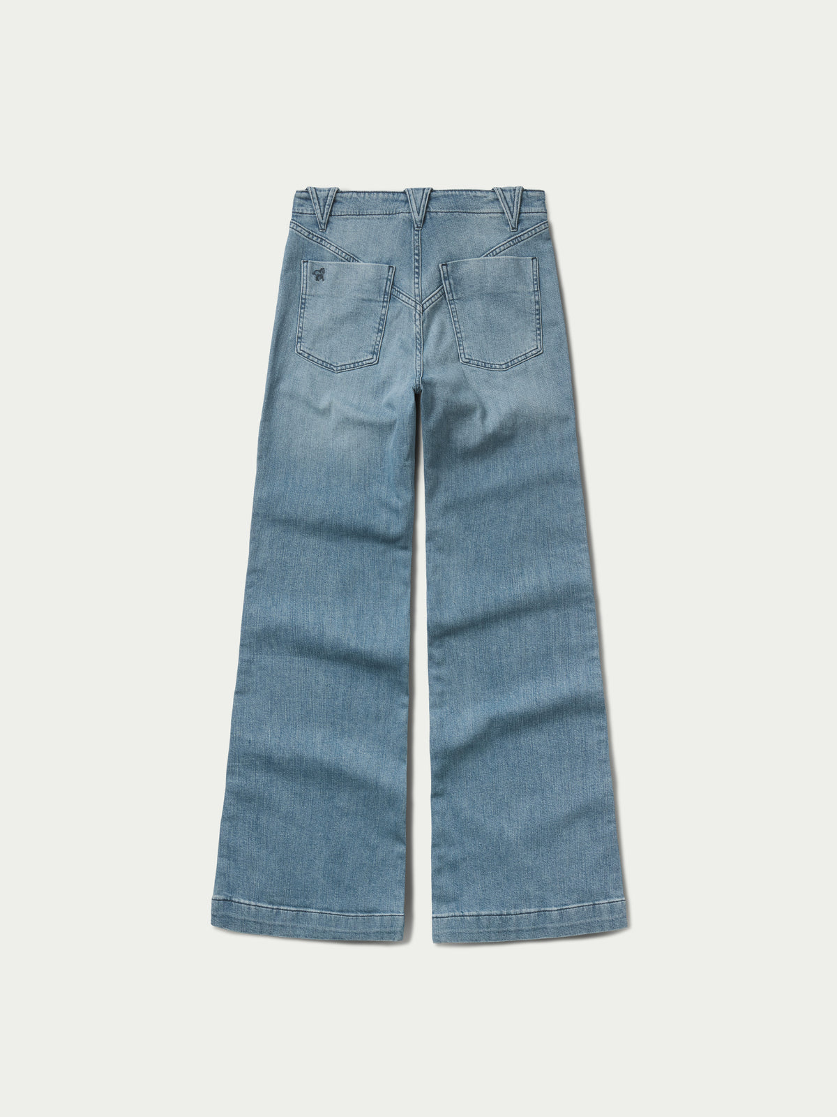 Medium wash denim jeans, straight wide-leg silhouette, back view with pockets