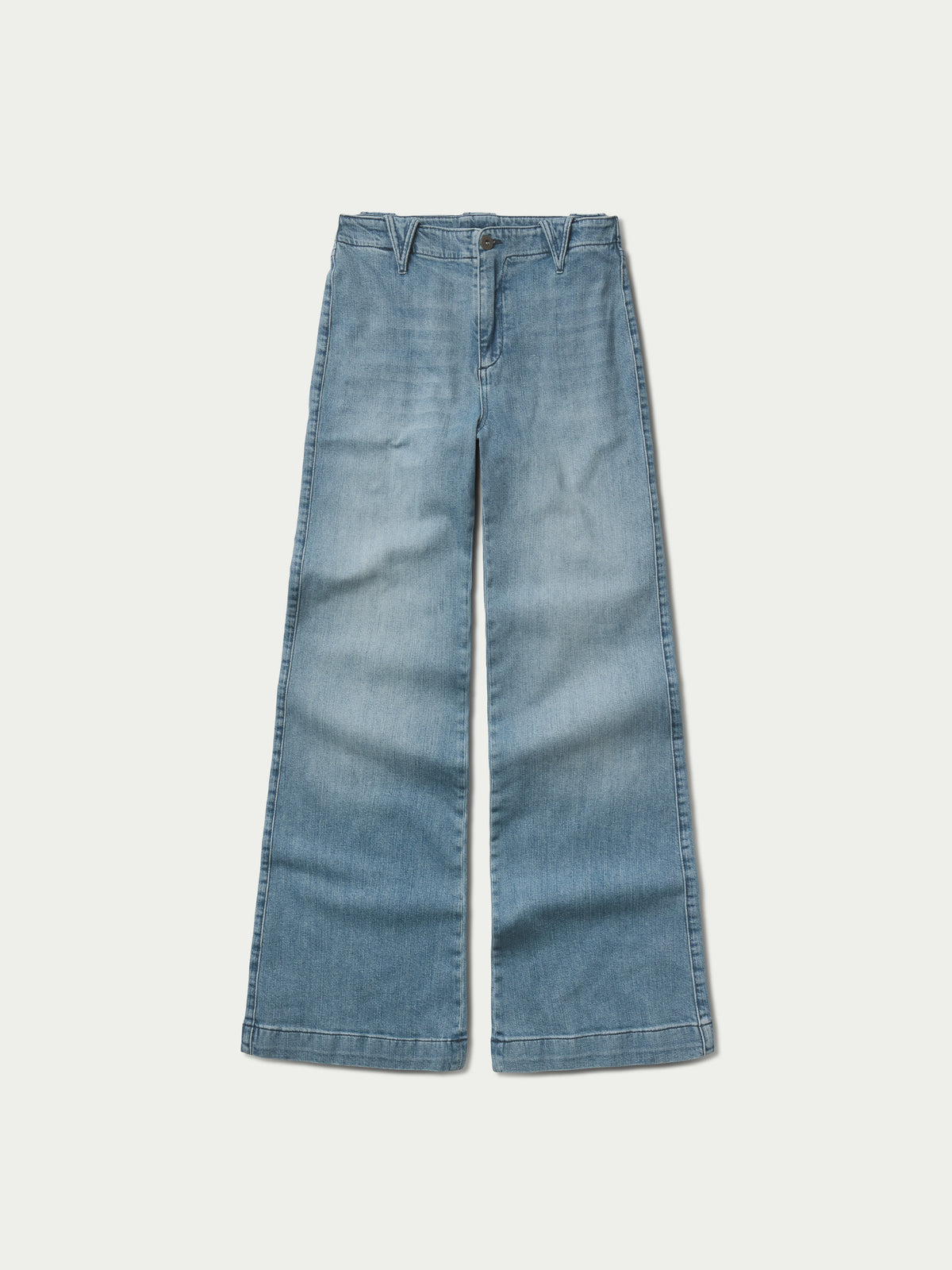 Medium wash denim jeans, straight wide-leg silhouette, front view