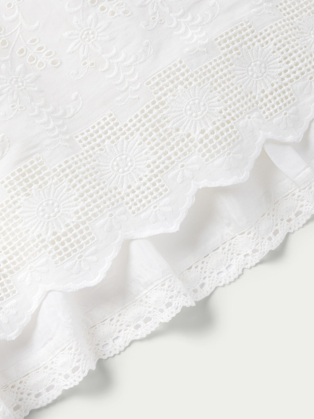 Vintage white skirt with embroidered eyelet texture and lace-trimmed hem