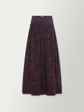 Long paisley print skirt in dark blue with rust tones, elastic waist and soft drape.