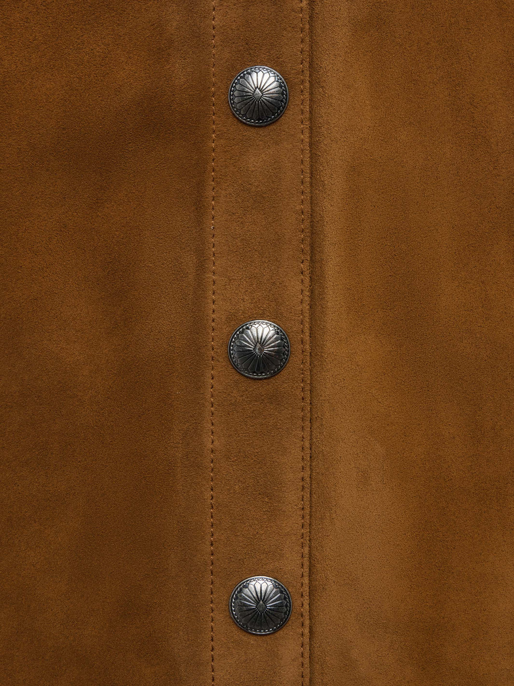 Tuscany suede skirt placket detail with round metal snap buttons