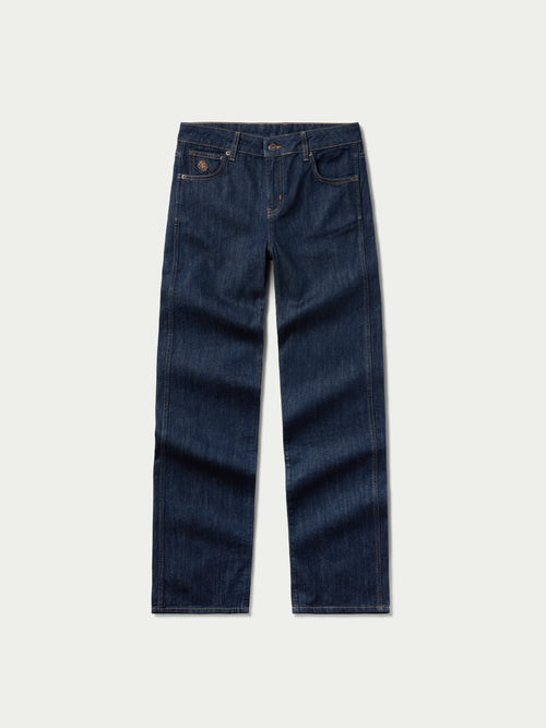Dark denim jeans front view with button closure, belt loops, and straight legs