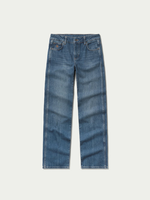 Medium-wash denim jeans with straight legs, button fly, and belt loops.