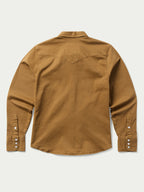 Women’s western snap-front denim shirt in fawn, long sleeves and pointed yoke.