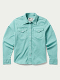 Turquoise women's snap-front denim shirt with two chest pockets and buttoned placket